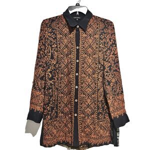 JOHN MARK BUTTON-UP TUNIC‎ EMBROIDERED FLORAL-PAISLEY BLACK COPPER MULTI SIZE M